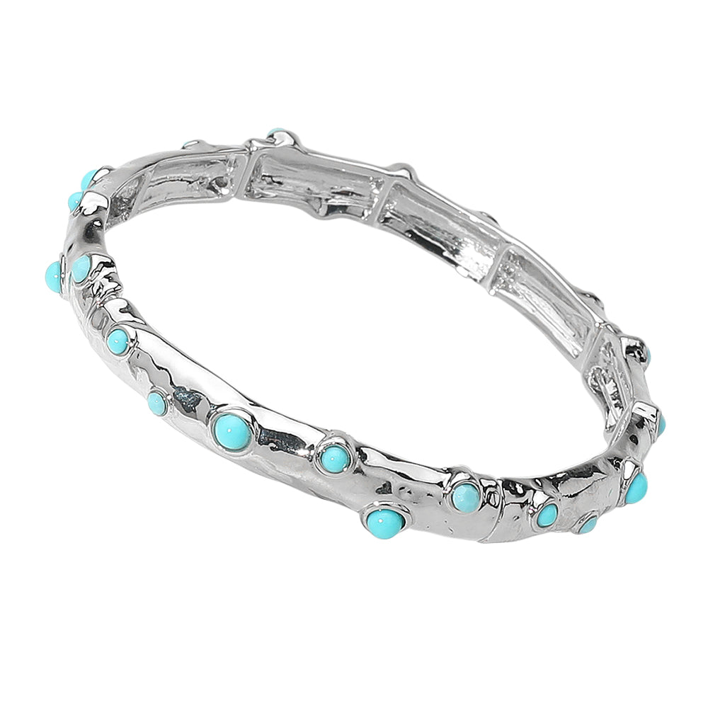 iLLASPARKZ Turquoise Stone Embellished Hammered Metal Bar Beaded Stretch Bracelet