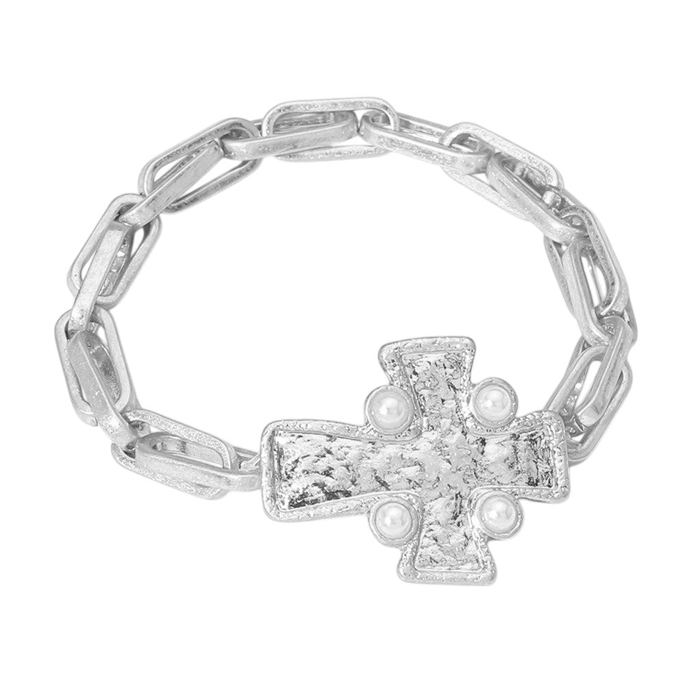 iLLASPARKZ Pearl Pointed Textured Metal Cross Stretch Bracelet
