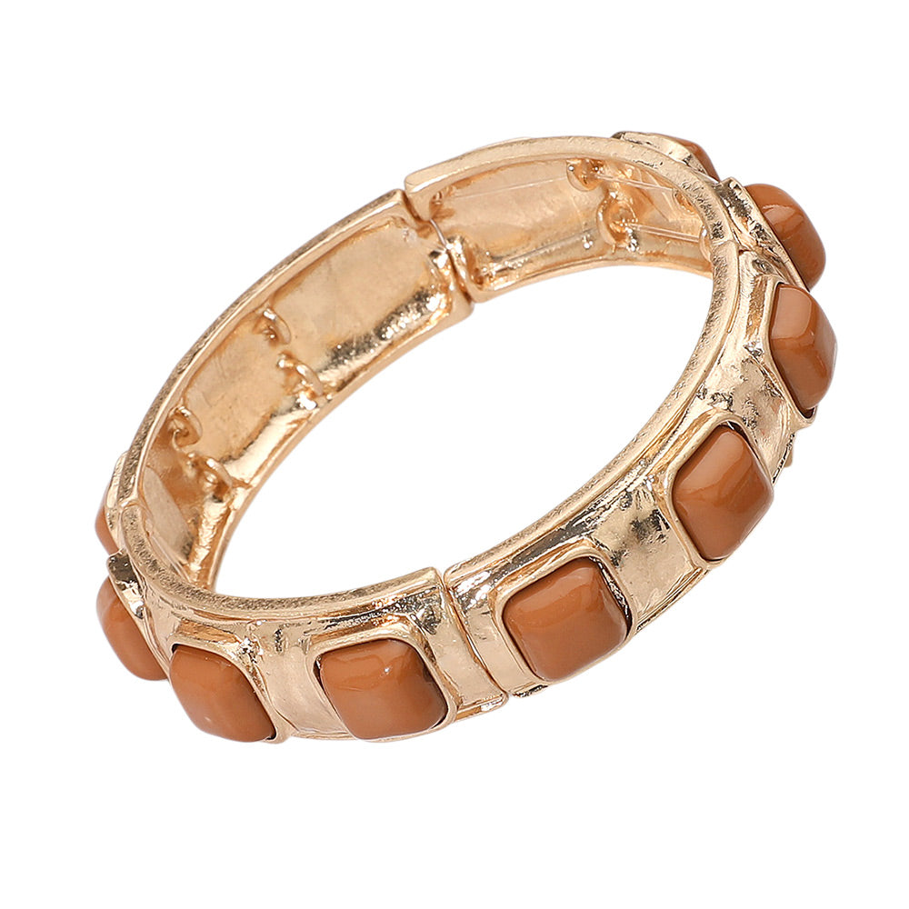iLLASPARKZ Square Bead Embellished Hammered Metal Stretch Bracelet