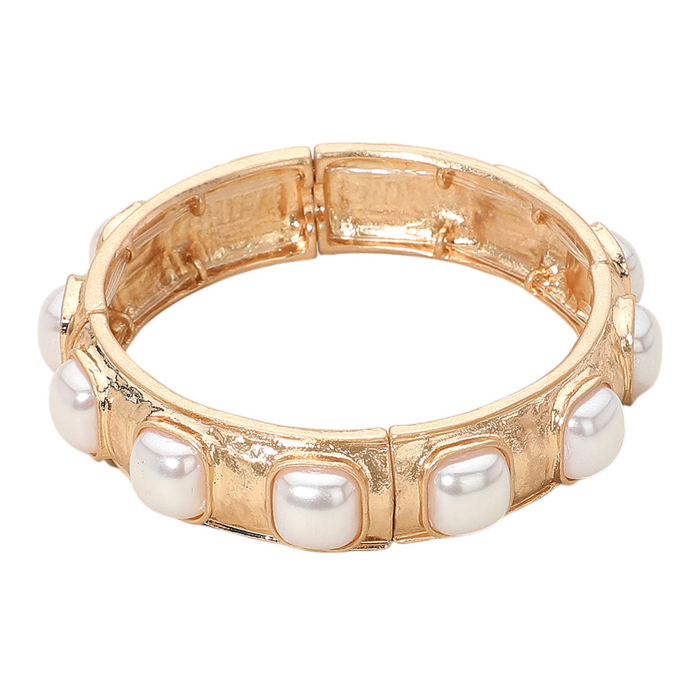 iLLASPARKZ Square Pearl Bead Embellished Hammered Metal Stretch Bracelet