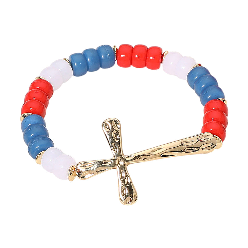 iLLASPARKZ Hammered Metal Cross American USA Flag Colored Beads Beaded Stretch Bracelet