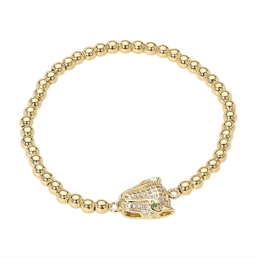 iLLASPARKZ Stainless Steel Rhinestone Paved Leopard Panther Head Beaded Stretch Bracelet