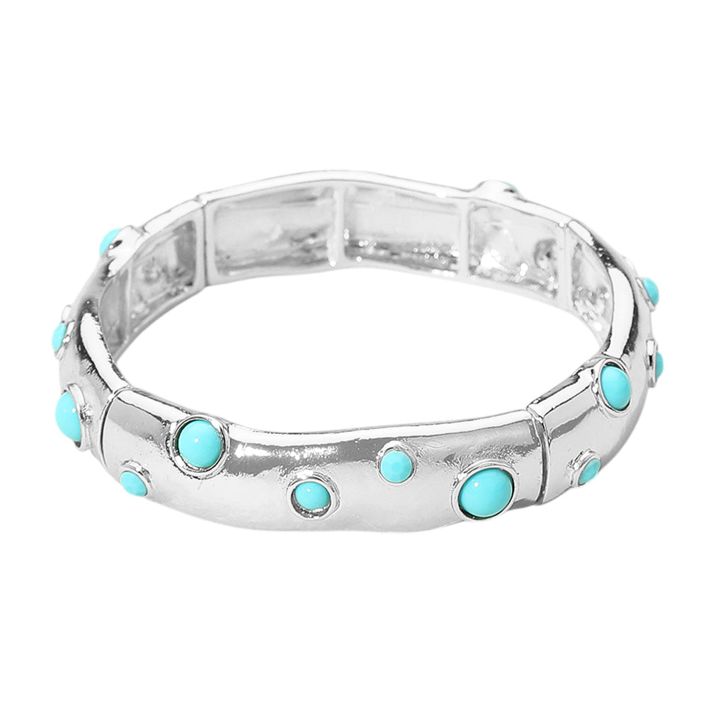 iLLASPARKZ Turquoise Stone Embellished Hammered Metal Stretch Bracelet
