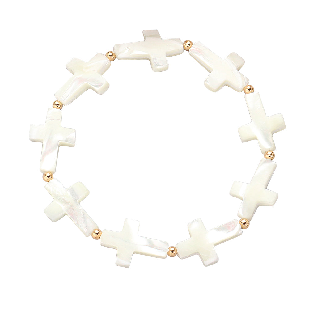 iLLASPARKZ Mother Of Pearl Cross Beaded Stretch Bracelet