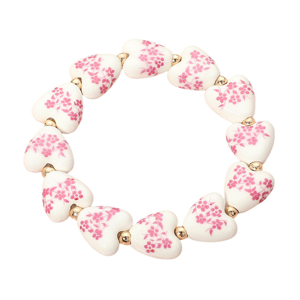 iLLASPARKZ Flower Ceramic Heart Beaded Stretch Bracelet