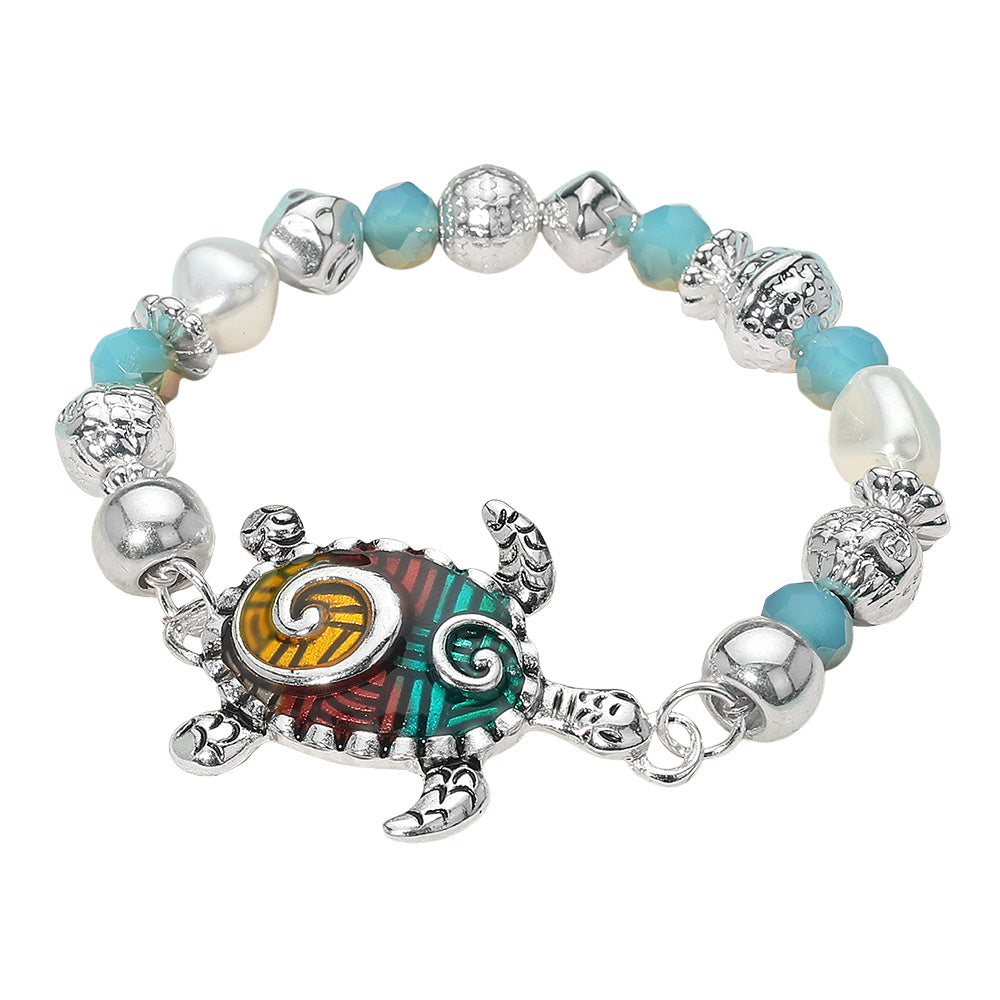 iLLASPARKZ Enamel Antique Metal Turtle Pearl Beaded Stretch Bracelet