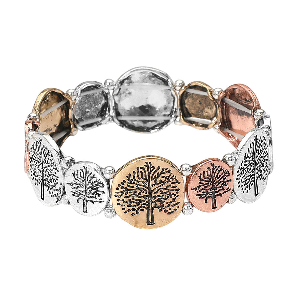iLLASPARKZ Antique Metal Tree of Life Engraved Disc Stretch Bracelet
