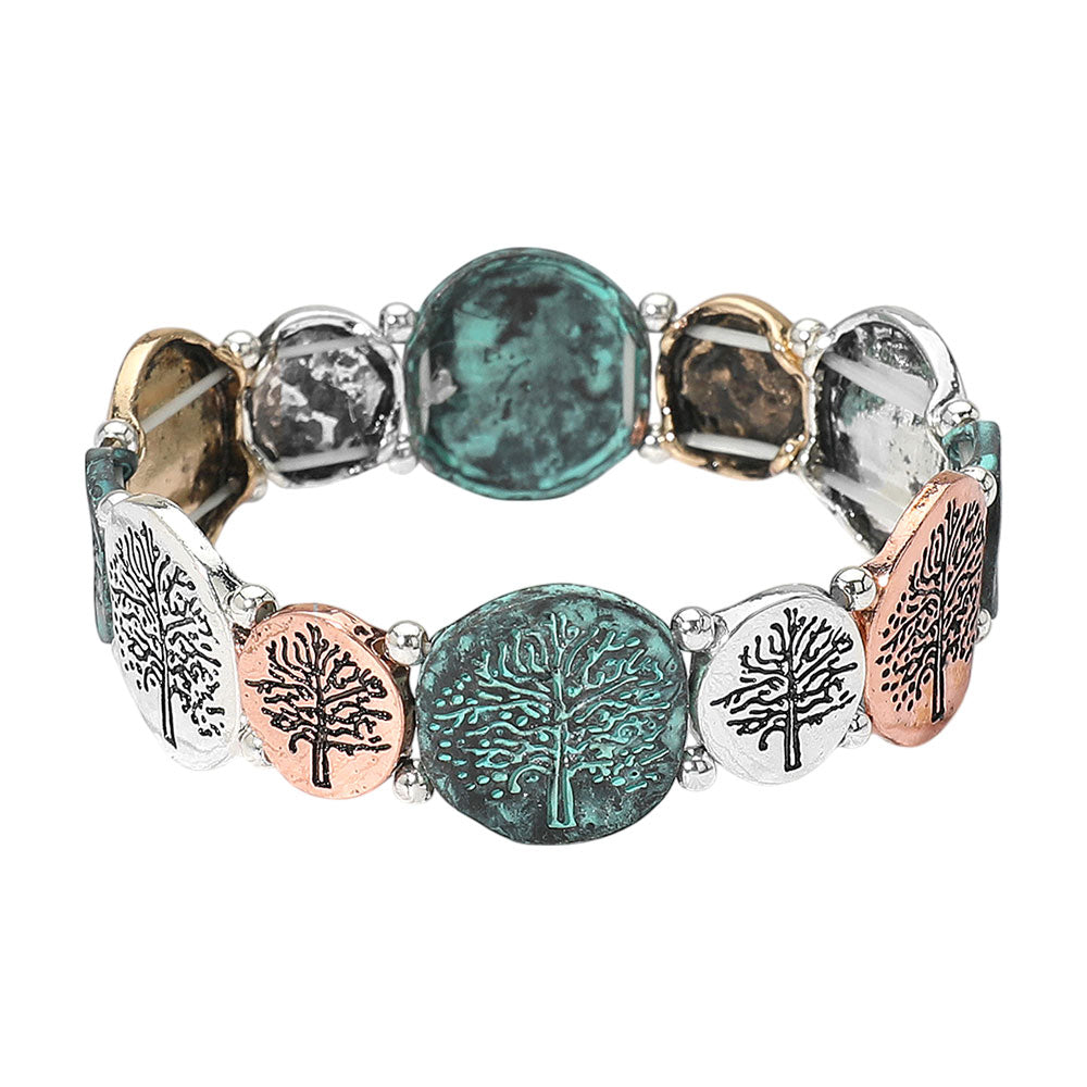 iLLASPARKZ Antique Metal Tree of Life Engraved Disc Stretch Bracelet