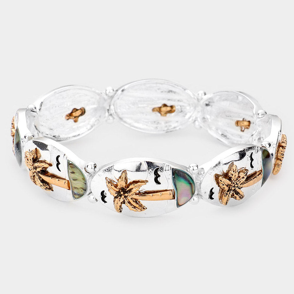 iLLASPARKZ Palm Tree Abalone Accented Metal Oval Stretch Bracelet