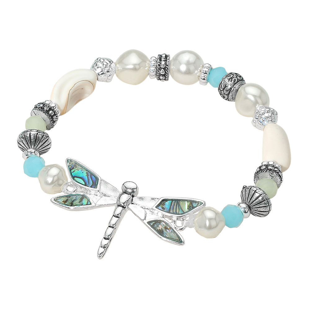 iLLASPARKZ Abalone Antique Metal Dragonfly Pearl Beaded Stretch Bracelet