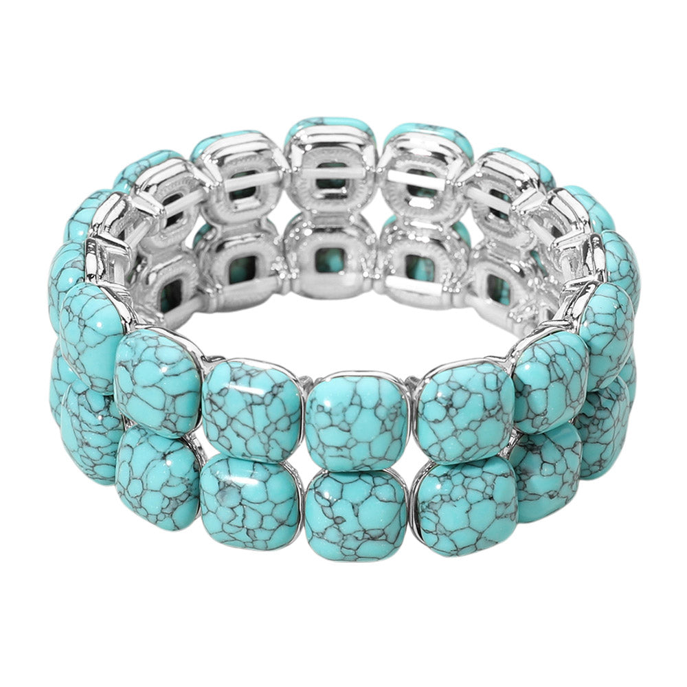iLLASPARKZ Two Row Western Square Turquoise Stone Beaded Stretch Bracelet