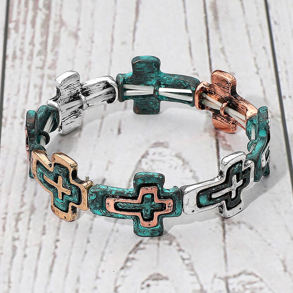 iLLASPARKZ Western Boho Vintage Metal Cross Beaded Stretch Bracelet