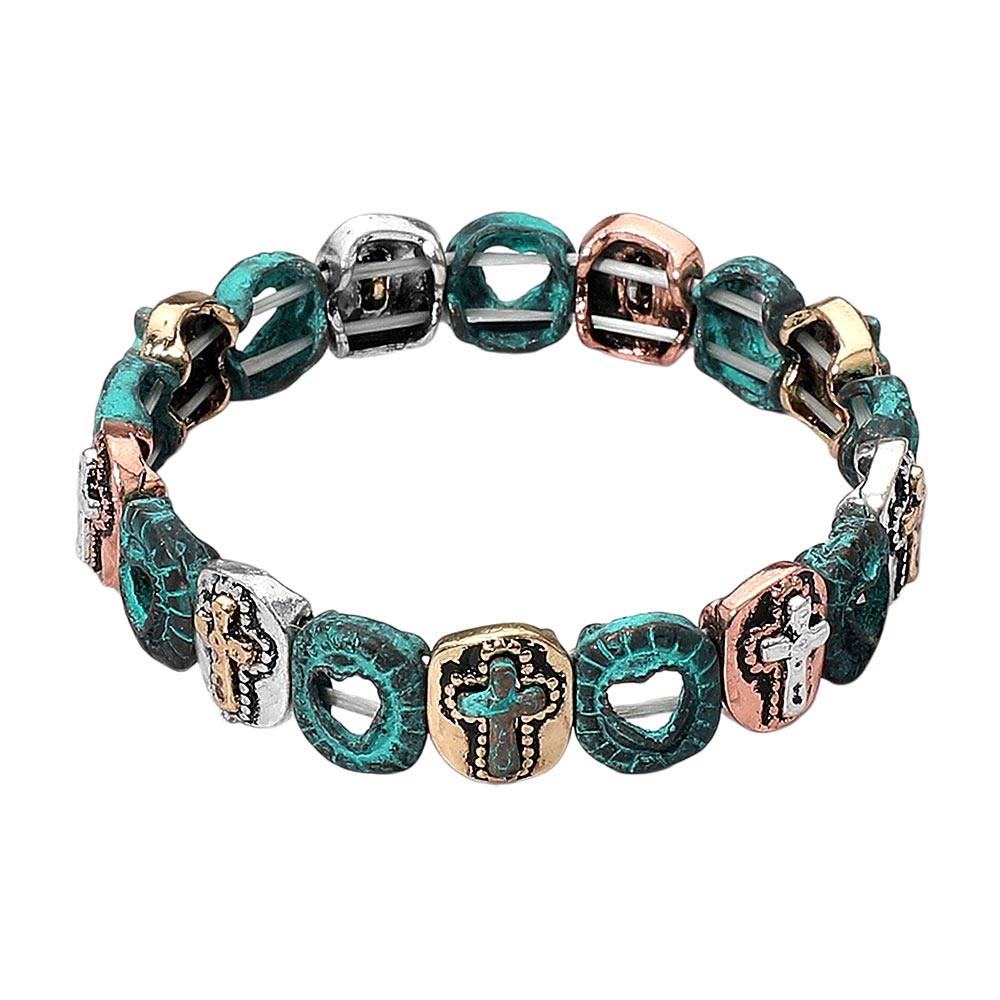 iLLASPARKZ Western Boho Vintage Metal Open Heart Embossed Cross Charm Beaded Stretch Bracelet