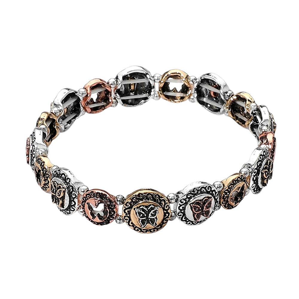 iLLASPARKZ Western Boho Metal Butterfly Embossed Round Charm Beaded Stretch Bracelet