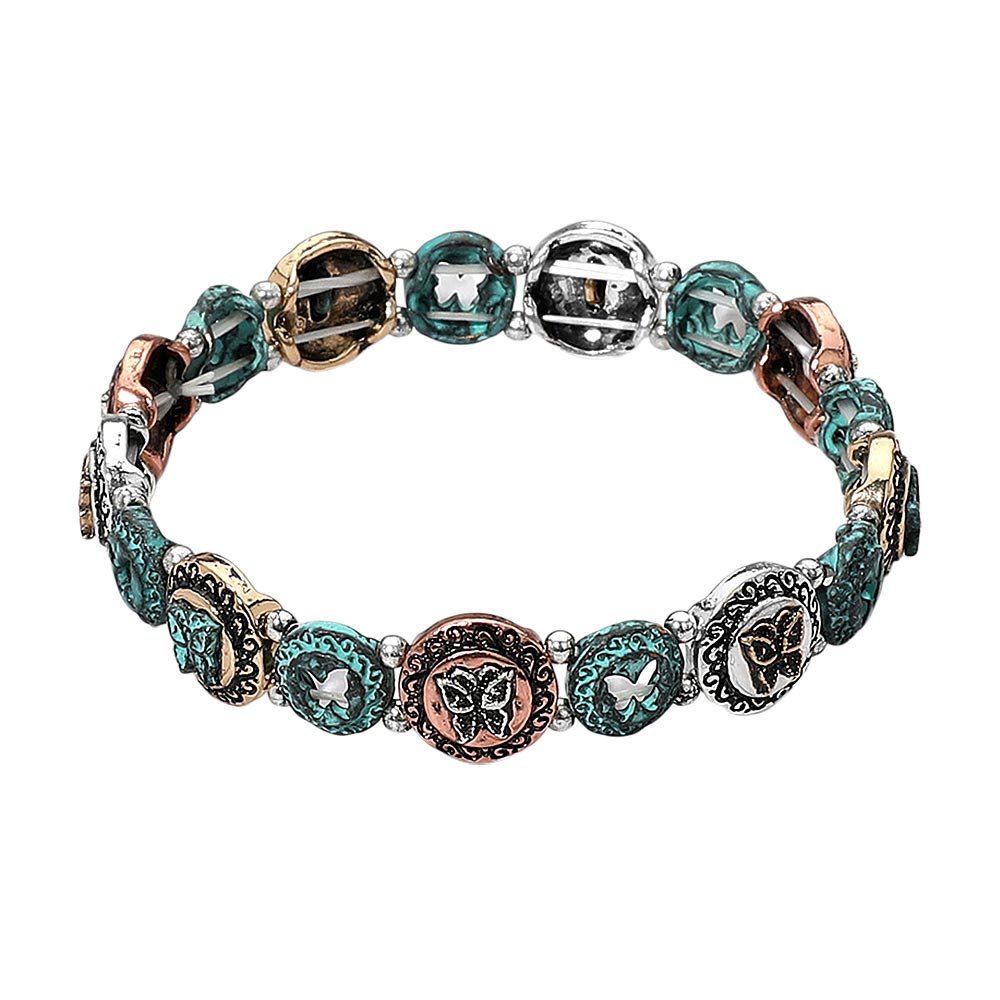 iLLASPARKZ Western Boho Metal Butterfly Embossed Round Charm Beaded Stretch Bracelet