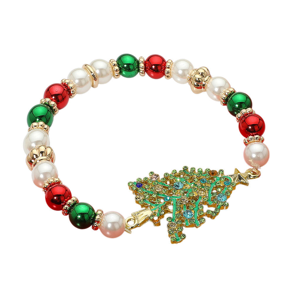 iLLASPARKZ Stone Paved Christmas Tree Charm Holiday Pearl Beaded Stretch Bracelet