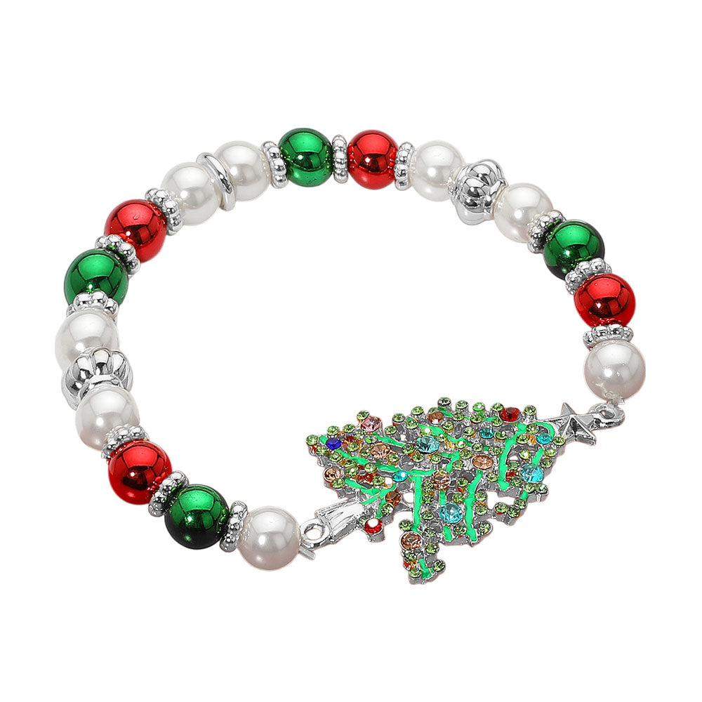 iLLASPARKZ Stone Paved Christmas Tree Charm Holiday Pearl Beaded Stretch Bracelet
