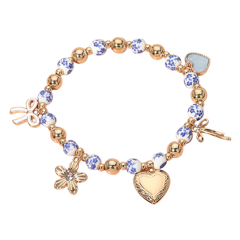 iLLASPARKZ Enamel Bow Metal Heart Flower Charm Ceramic Ball Beaded Stretch Bracelet