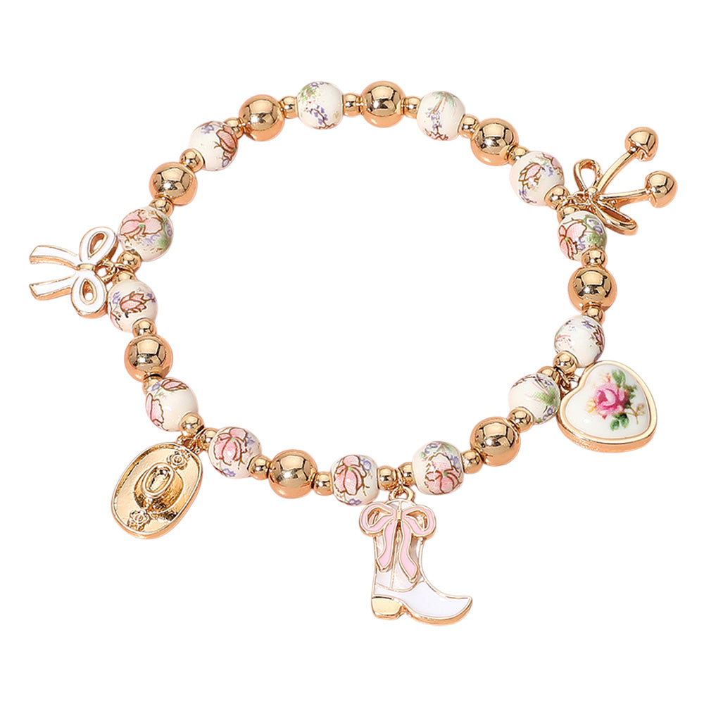 iLLASPARKZ Enamel Bow Western Cowboy Boot Hat Heart Charm Ceramic Ball Beaded Stretch Bracelet