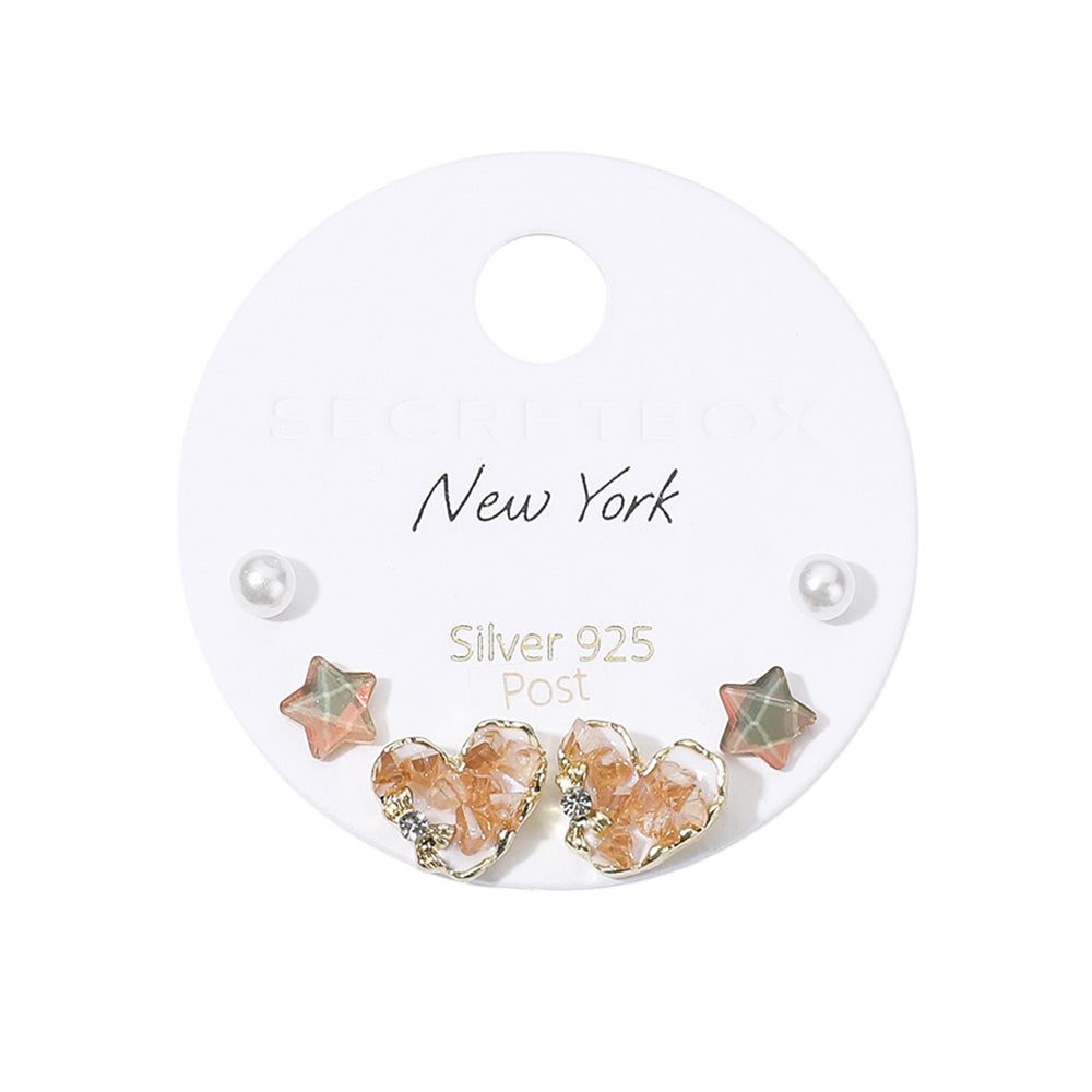 iLLASPARKZ SECRET BOX_925 Sterling Silver Post Heart Stone Star Pearl 3 Pairs Stud Earring Set