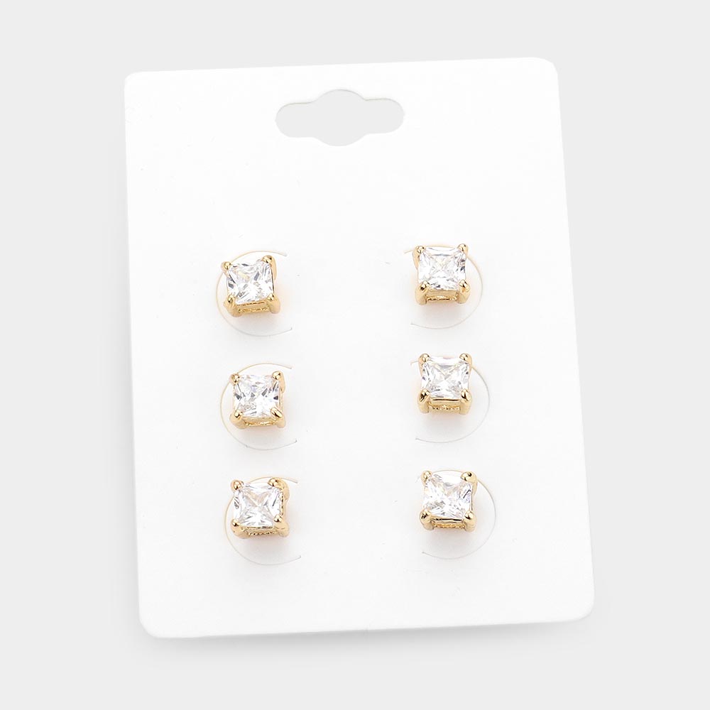 iLLASPARKZ 3Pairs - Square Stone Stud Earrings