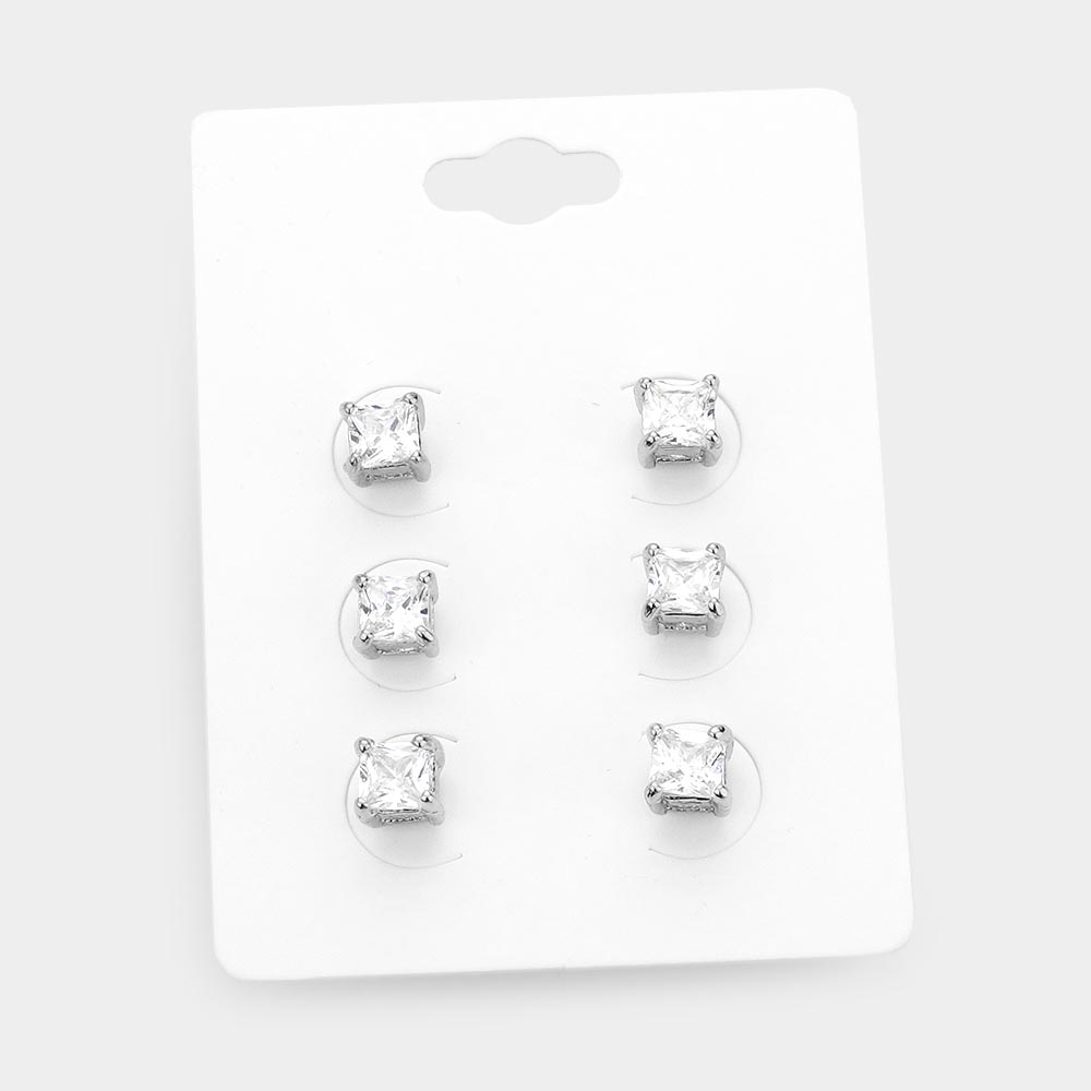 iLLASPARKZ 3Pairs - Square Stone Stud Earrings