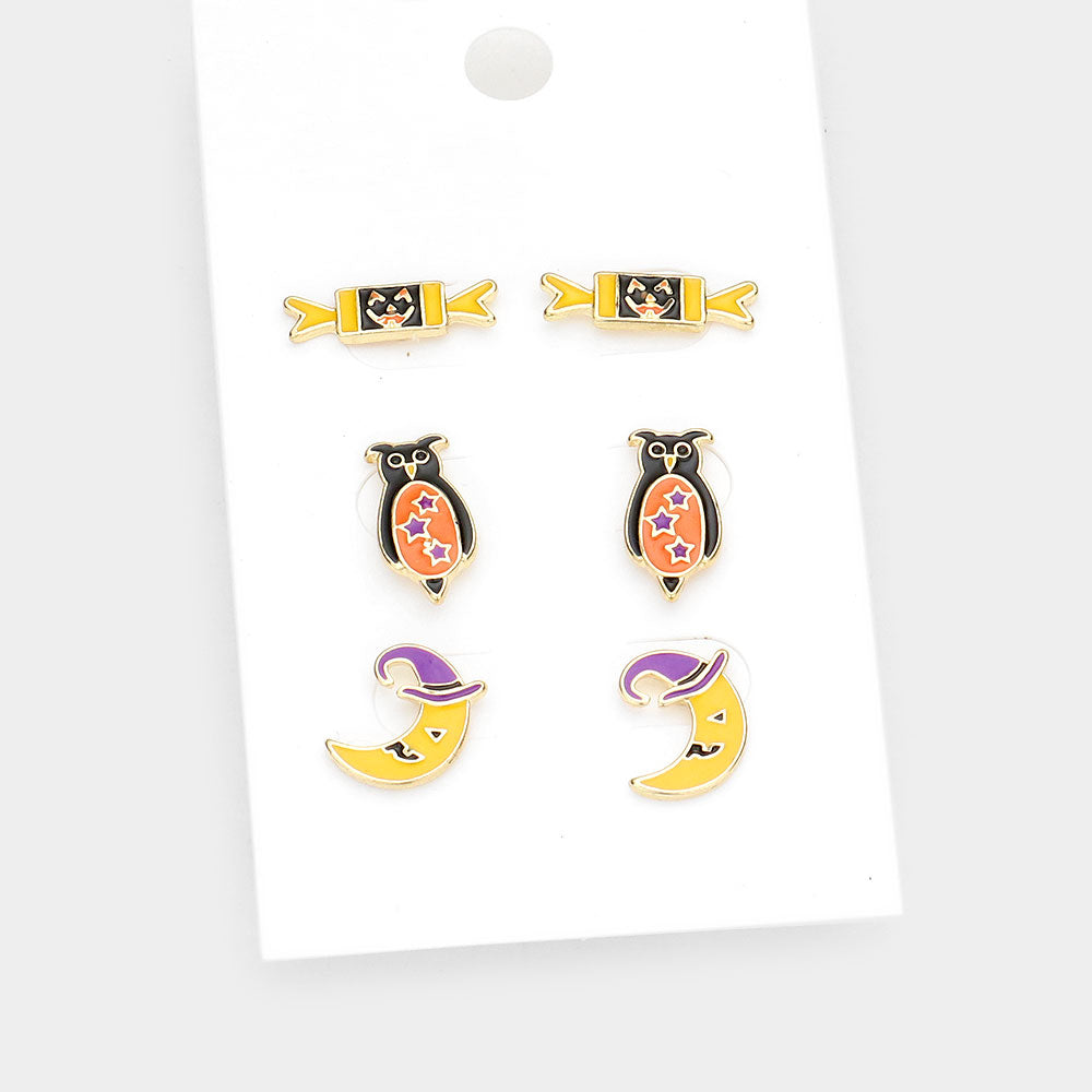 iLLASPARKZ 3Pairs - Enamel Pumpkin Candy Owl Crescent Moon Stud Earrings