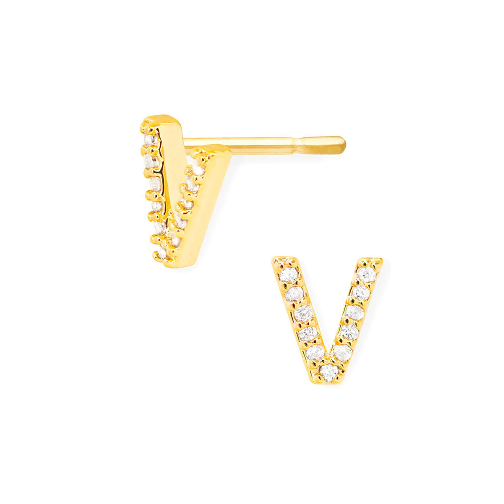 iLLASPARKZ -V- Secret Box _ 14K Gold Dipped CZ Monogram Stud Earrings