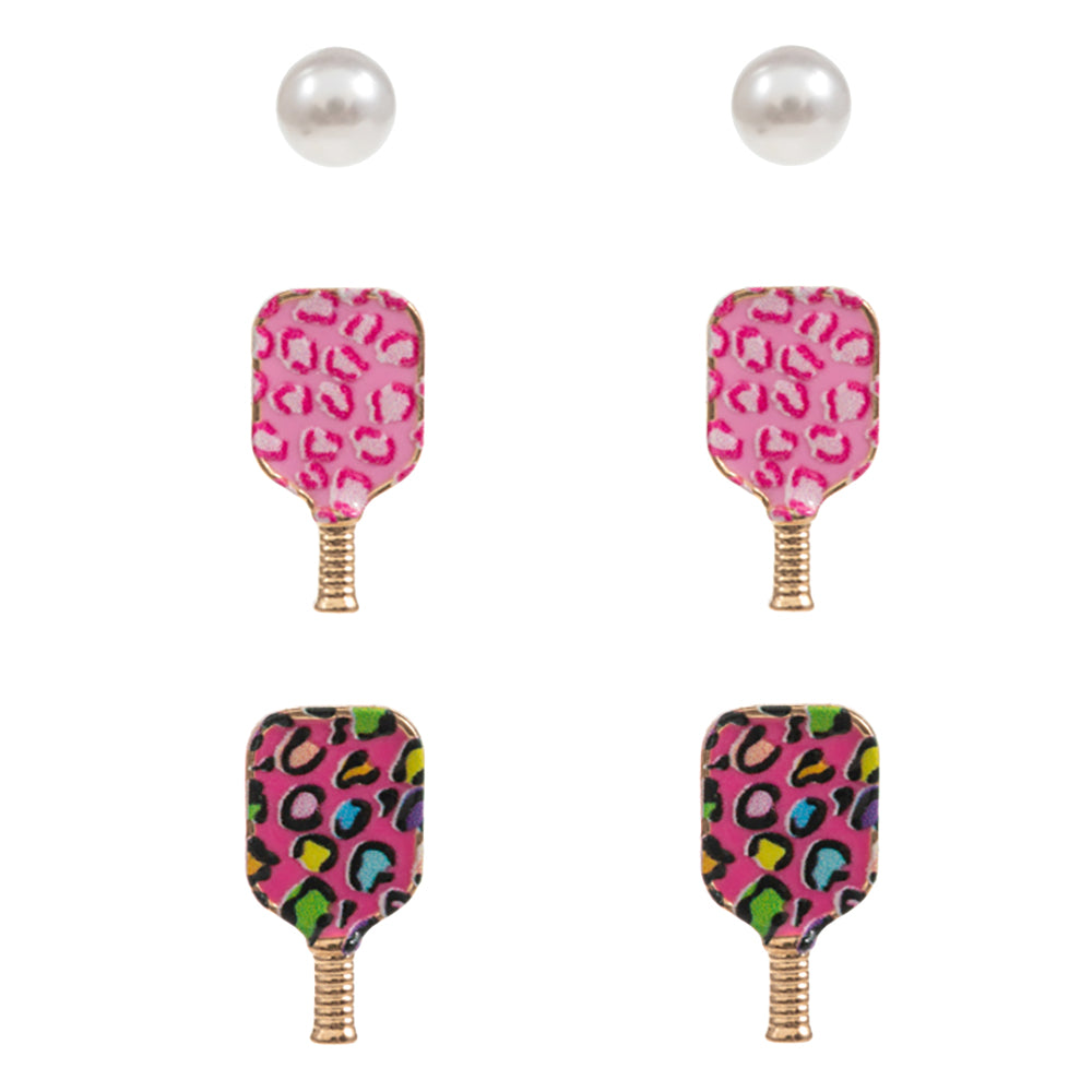 iLLASPARKZ 3Pairs - Enamel Leopard Pickle Ball Paddle Pearl Stud Earring Set