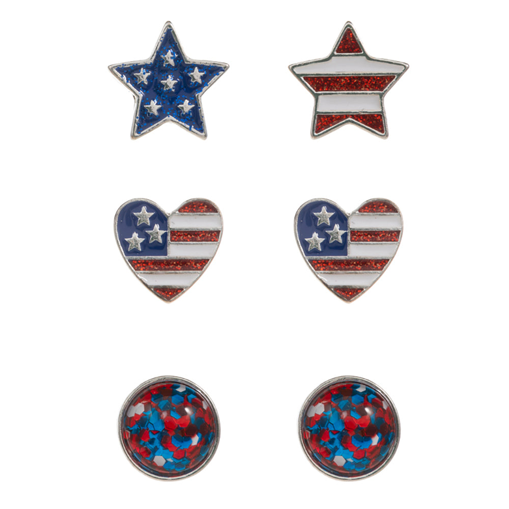 iLLASPARKZ 3Pairs - Enamel American USA Flag Star Heart Disc Stud Earrings Set