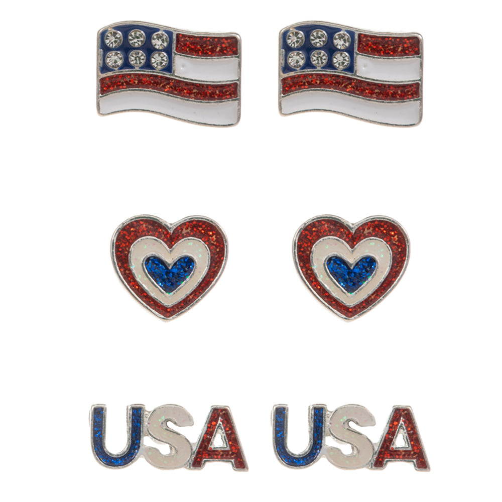 iLLASPARKZ 3Pairs - Enamel American USA Flag Heart USA Message Stud Earrings Set