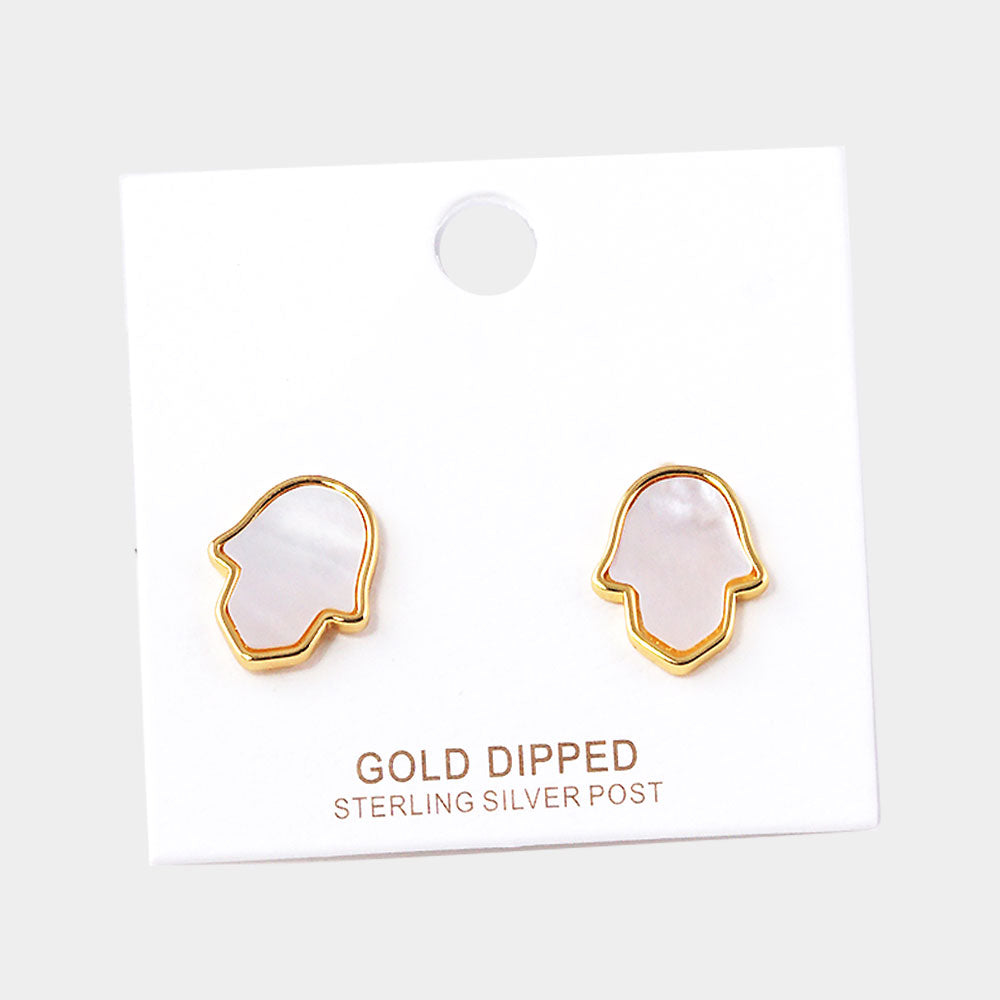 iLLASPARKZ Gold Dipped Metal Trim Mother of Pearl Hamsa Hand Stud Earrings
