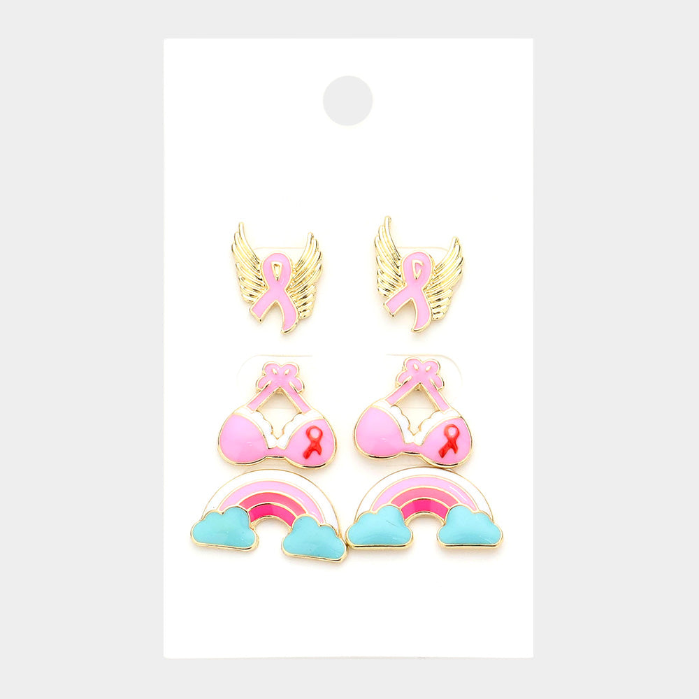 iLLASPARKZ 3Pairs - Pink Ribbon Wings Bra Rainbow Stud Earrings