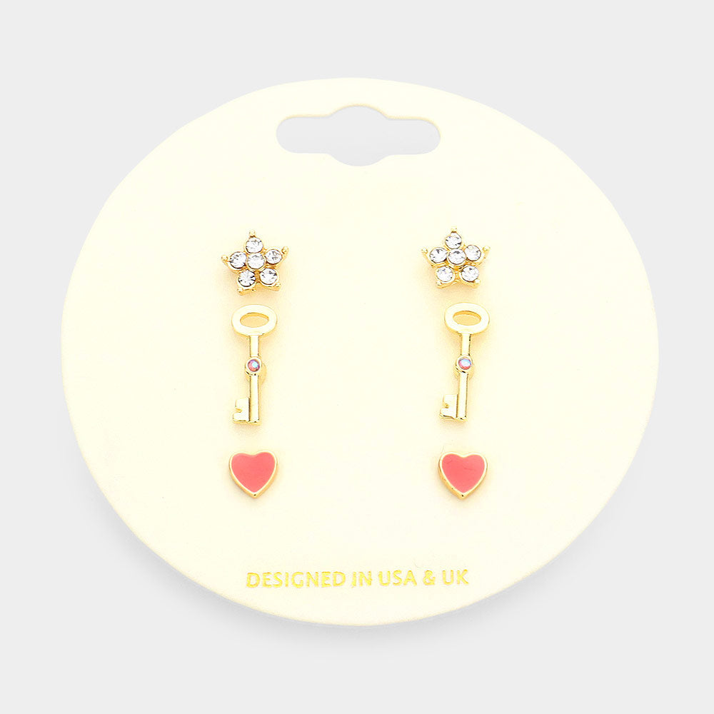 iLLASPARKZ 3Pairs - Stone Embellished Star Key Enamel Heart Stud Earrings