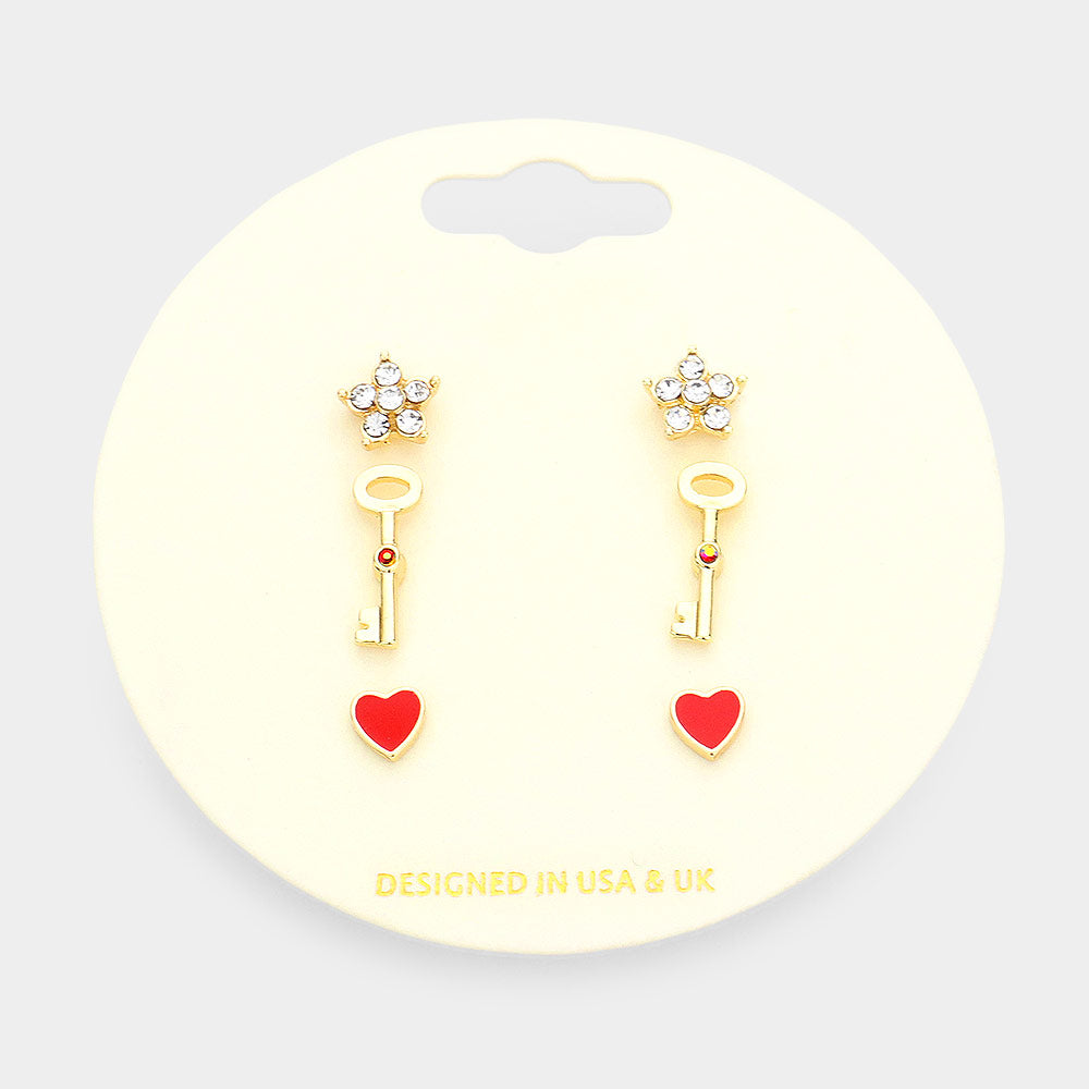 iLLASPARKZ 3Pairs - Stone Embellished Star Key Enamel Heart Stud Earrings
