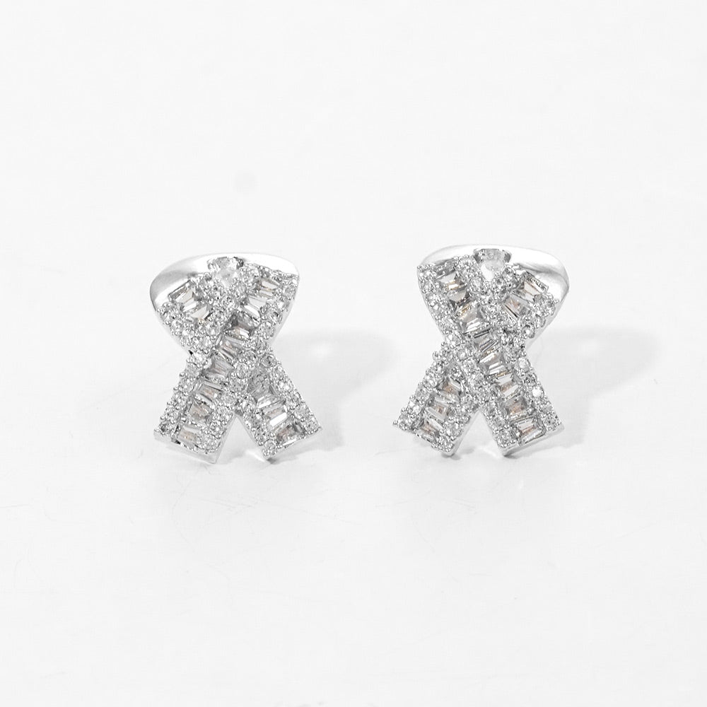 White Gold Dipped CZ Pink Ribbon Stud Earrings