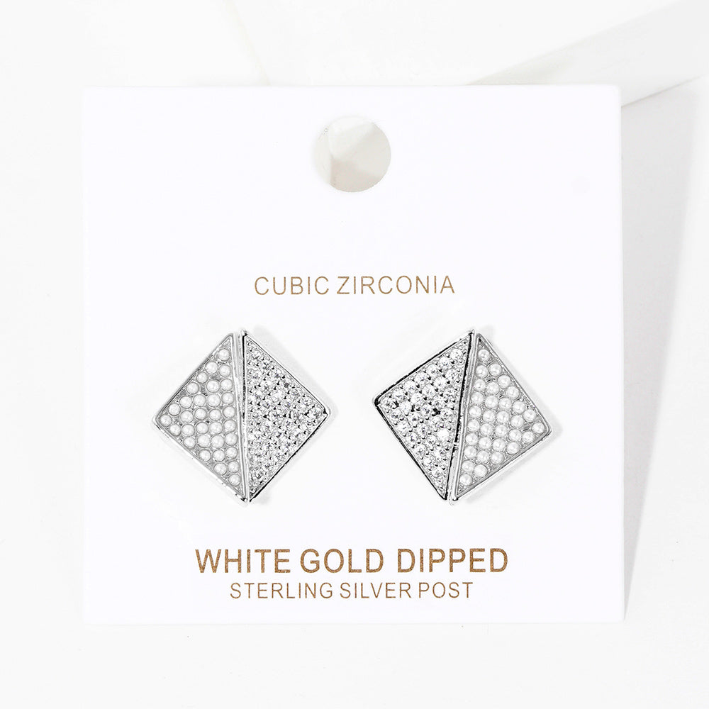 iLLASPARKZ White Gold Dipped CZ Pearl Embellished Geometric Stud Earrings