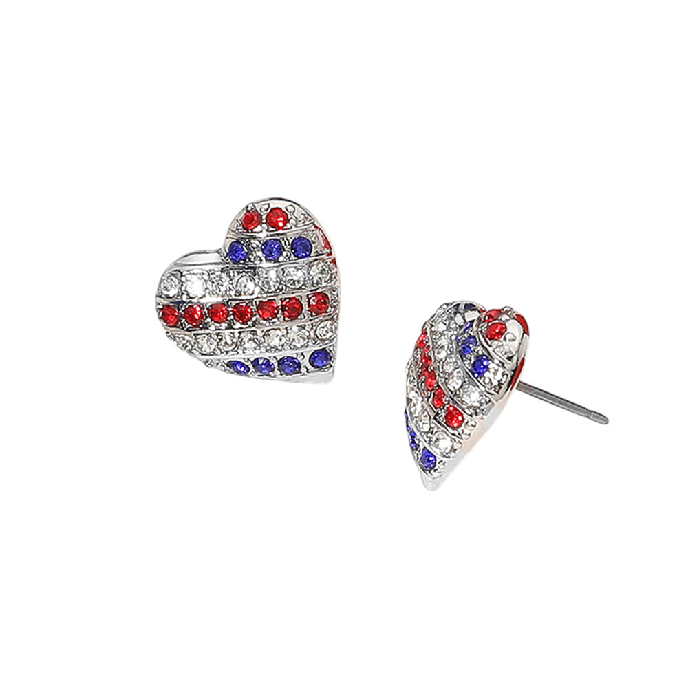 iLLASPARKZ American USA Flag Colored Stone Paved Heart Stud Earrings