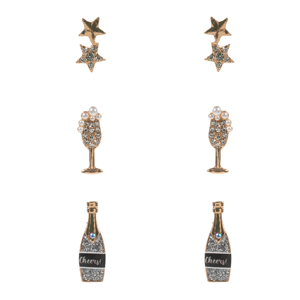 iLLASPARKZ 3Pairs - Star Champagne Glass Stud Earring Set