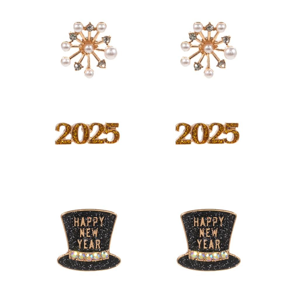 iLLASPARKZ 3Pairs - Firework 2025 and Party Hat Stud Earring Set