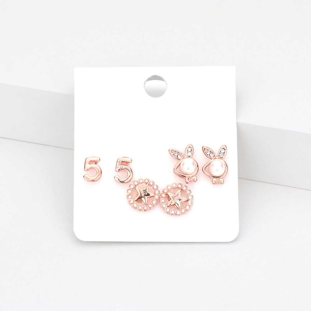 iLLASPARKZ 3Pairs - Pearl Playboy bunny star stud earrings