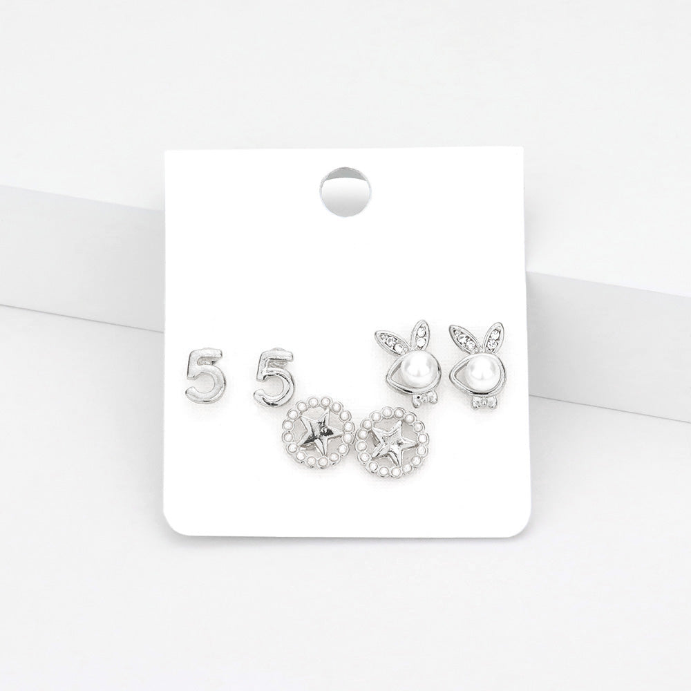 iLLASPARKZ 3Pairs - Pearl Playboy bunny star stud earrings