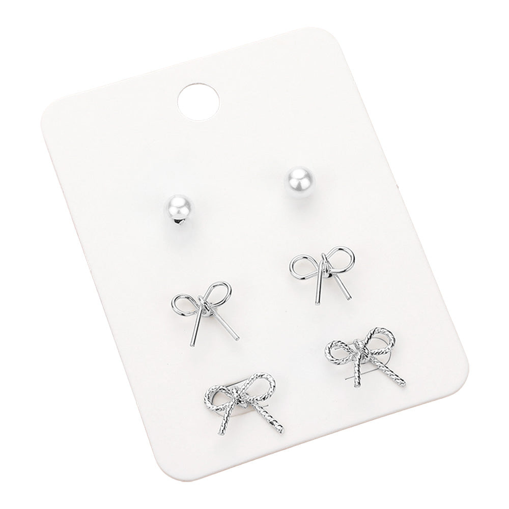 iLLASPARKZ 3Pairs - Pearl Metal Bow Stud Earrings Set