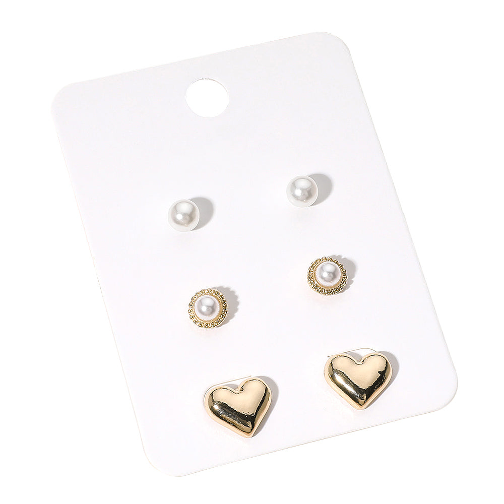 iLLASPARKZ 3Pairs - Pearl Metal Heart Stud Earring Set