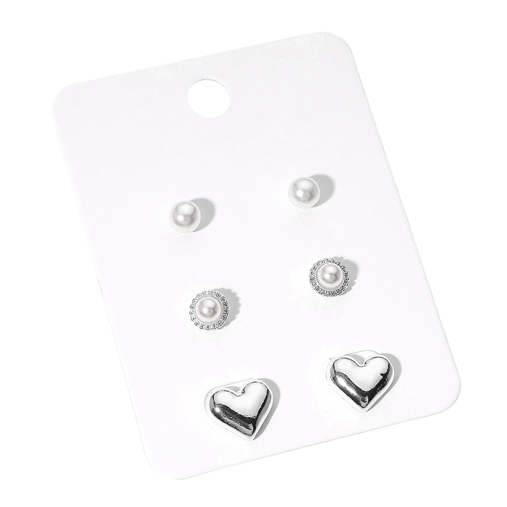 iLLASPARKZ 3Pairs - Pearl Metal Heart Stud Earring Set