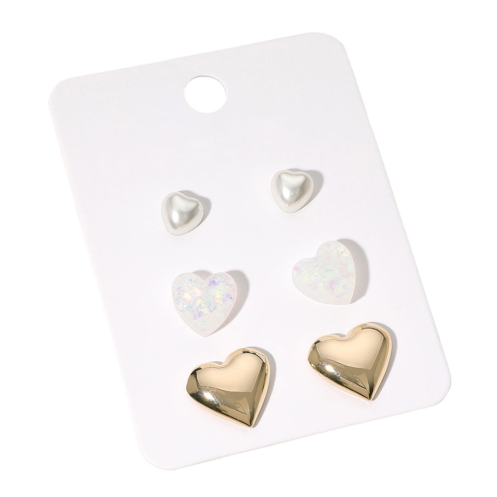 iLLASPARKZ 3Pairs - Pearl Metal Heart Stud Earring Set