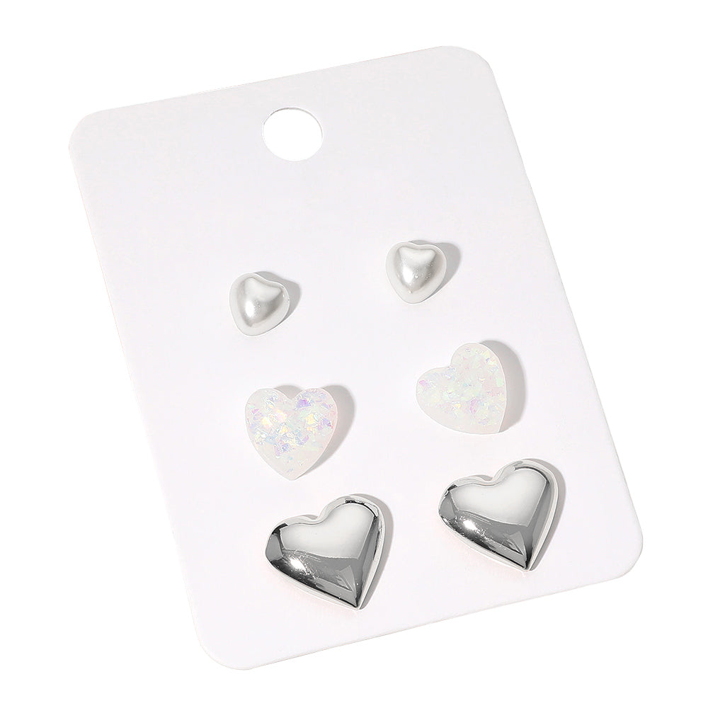 iLLASPARKZ 3Pairs - Pearl Metal Heart Stud Earring Set