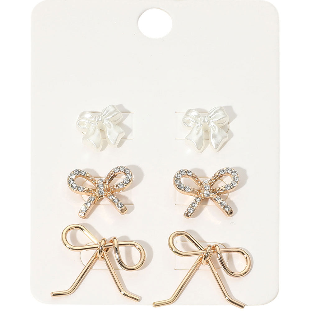 iLLASPARKZ 3Pairs - Pearl Metal Stone Paved Bow Stud Earring Set