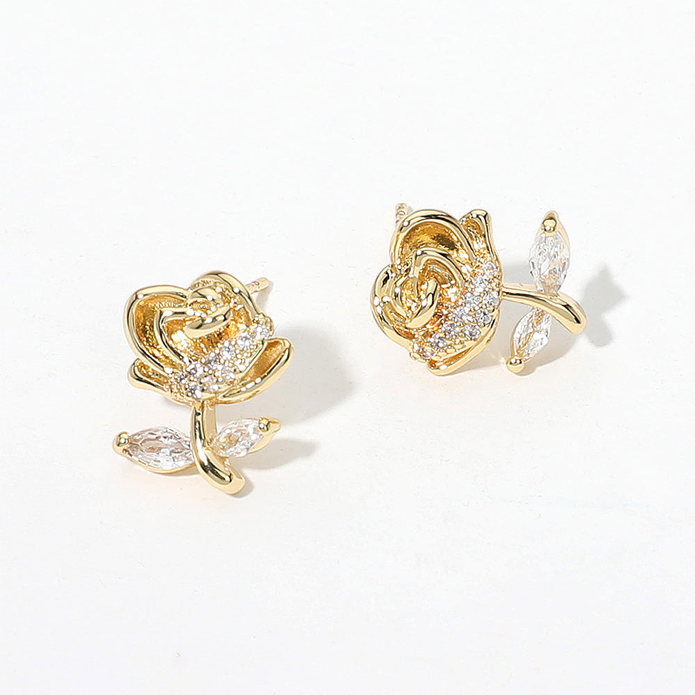 iLLASPARKZ 14K Gold Dipped CZ Stone Paved Rose Romance Stud Earrings