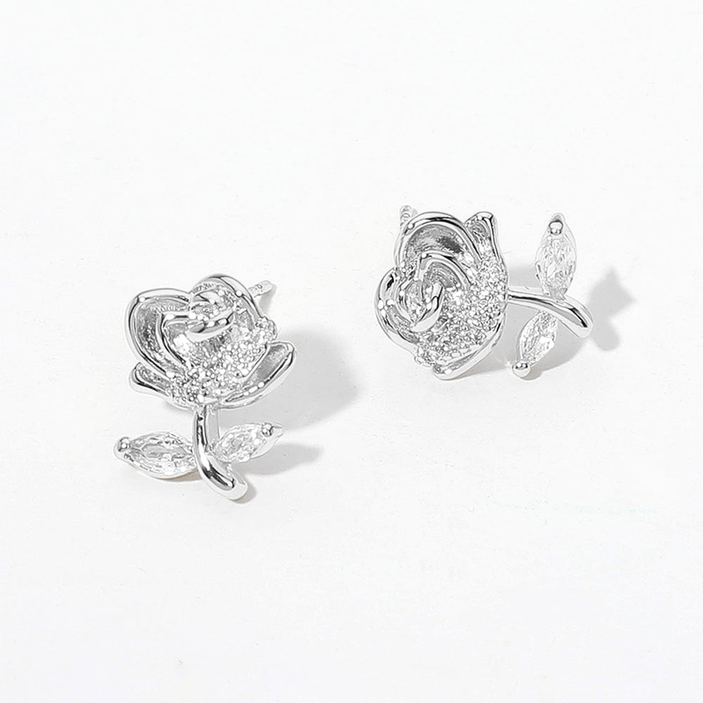 iLLASPARKZ White Gold Dipped CZ Stone Paved Rose Romance Stud Earrings